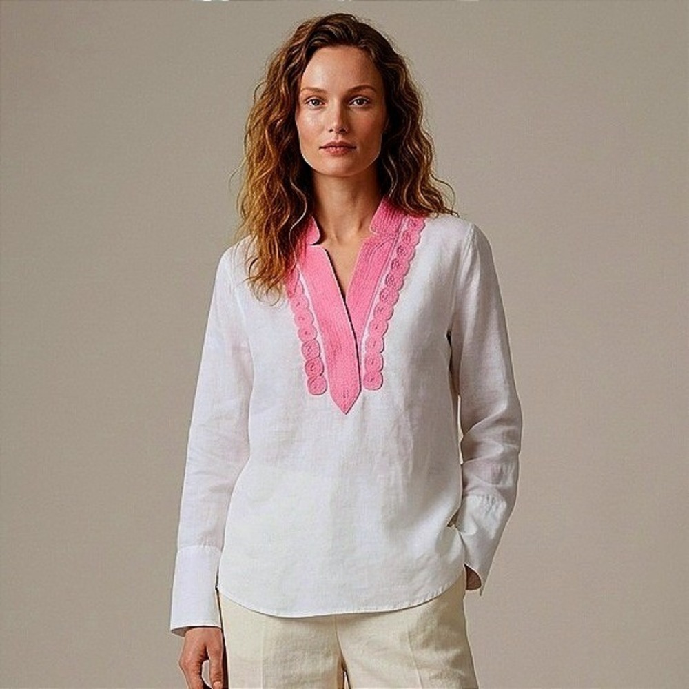 J.Crew Womens White Pink Embroidered‎ Cotton Tunic Top AM642 XS Long Sleeve